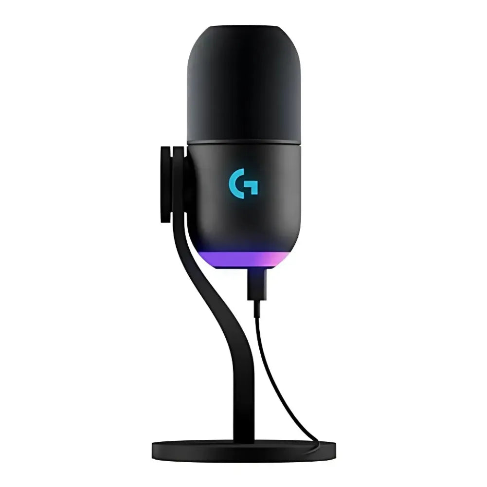 Vue avant du microphone Logitech G Yeti GX avec RGB activé.