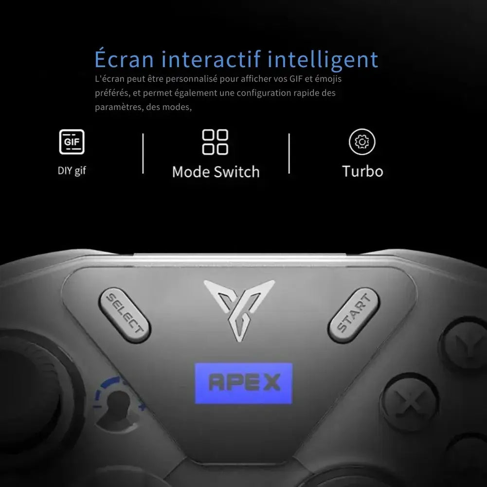 Manette Flydigi Apex 4 avec écran interactif personnalisé et boutons de contrôle, idéale pour le gaming.