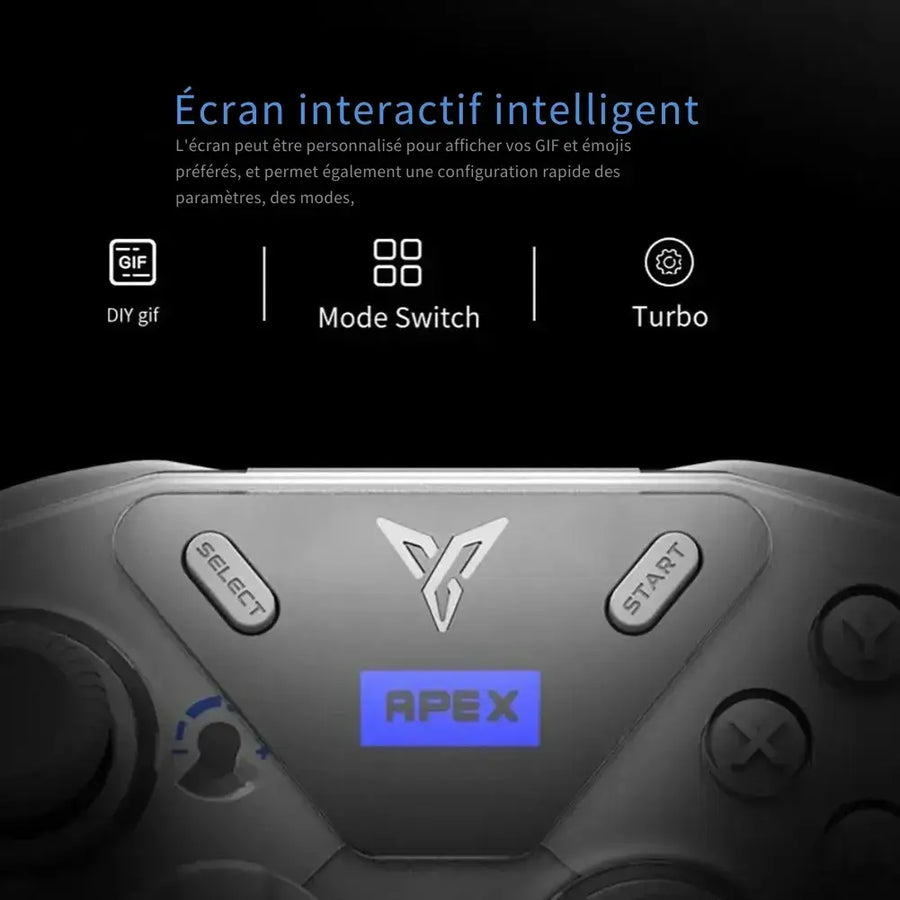 Manette Flydigi Apex 4 avec écran interactif personnalisé et boutons de contrôle, idéale pour le gaming.