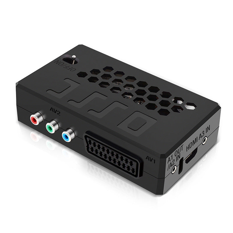 OSSC 1.8 BitFunx von hinten: SCART- und Component-Eingänge, Audiobuchse und HDMI-Ausgang