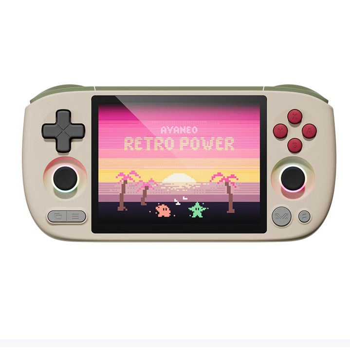 Console AYANEO Pocket AIR Mini coloris Retro Power vue de face sur fond blanc, écran 4:3 allumé sur un décor pixel art