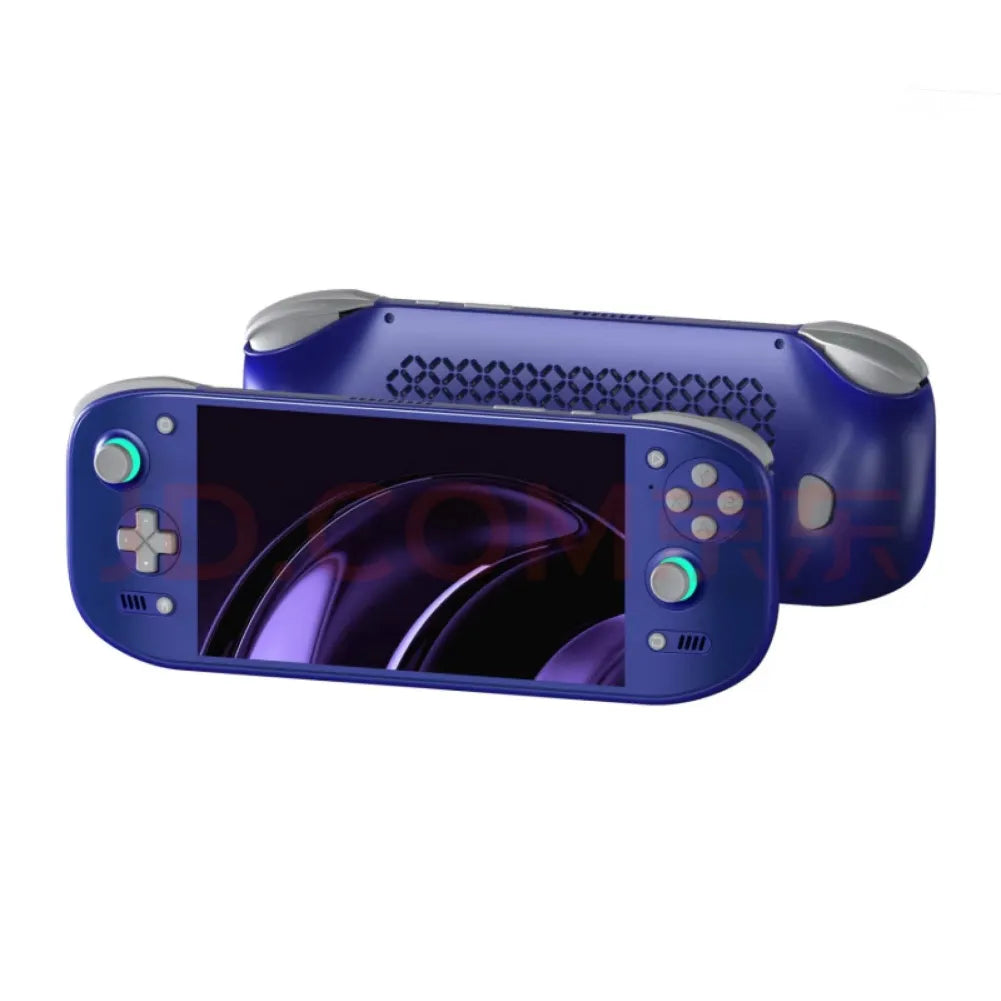 AYN Odin 2 Portal — Console portable AMOLED 7'' 1080p vue de face et de dos avec écran AMOLED violet.