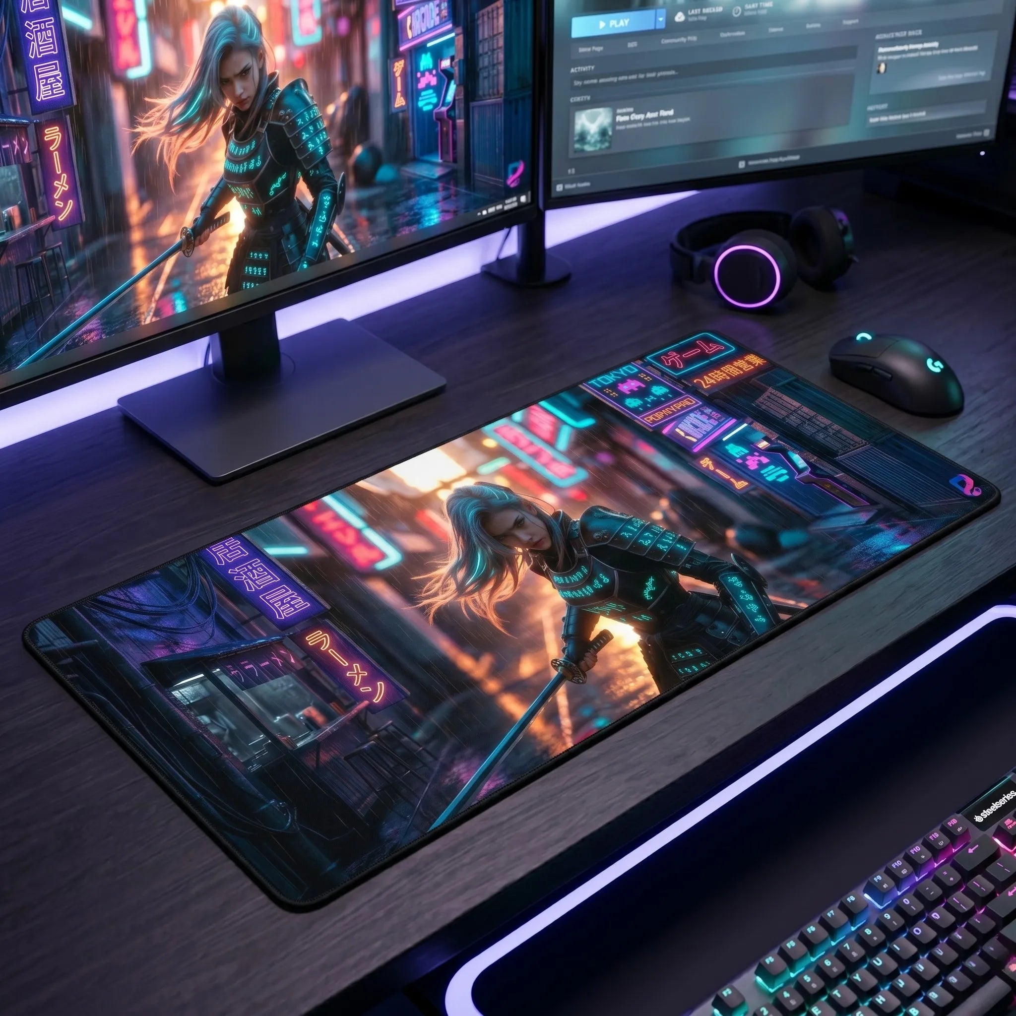 Tapis de souris XXL Cyberpunk Samurai | PopMyPad | 900x400mm | 3 mm |  Vitesse et Précision.