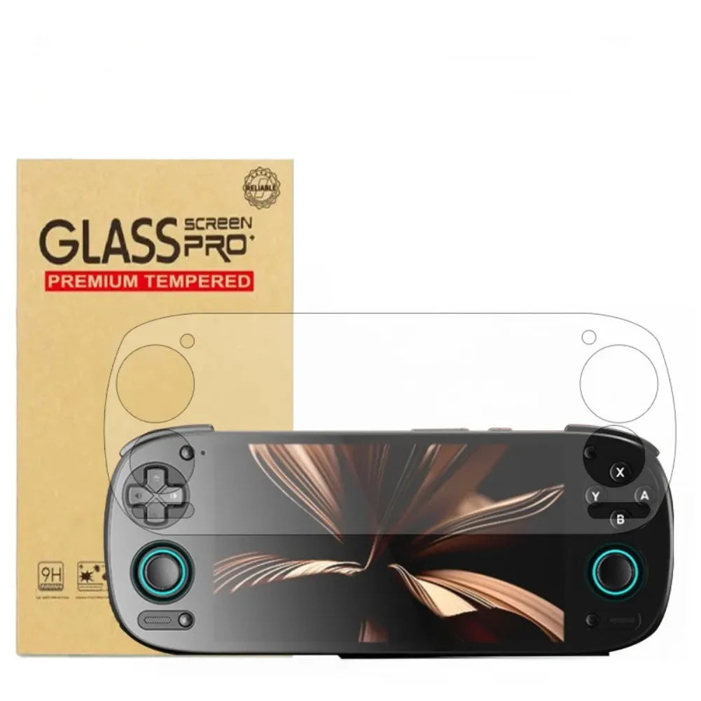 Verre trempé RP5F — Protection écran Retroid Pocket 5 avec boîte et écran transparent sur console.