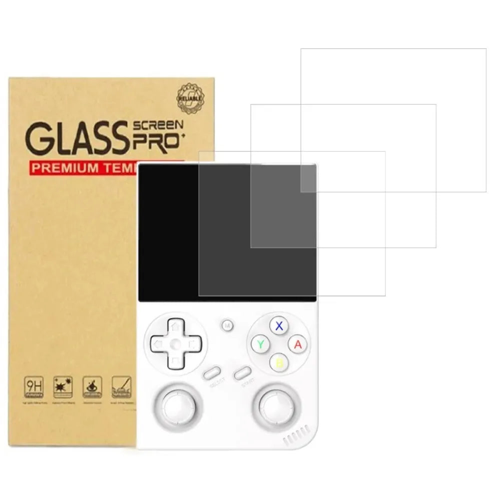 Protection écran verre trempé RG35XX Pro avec console de jeu et emballage.