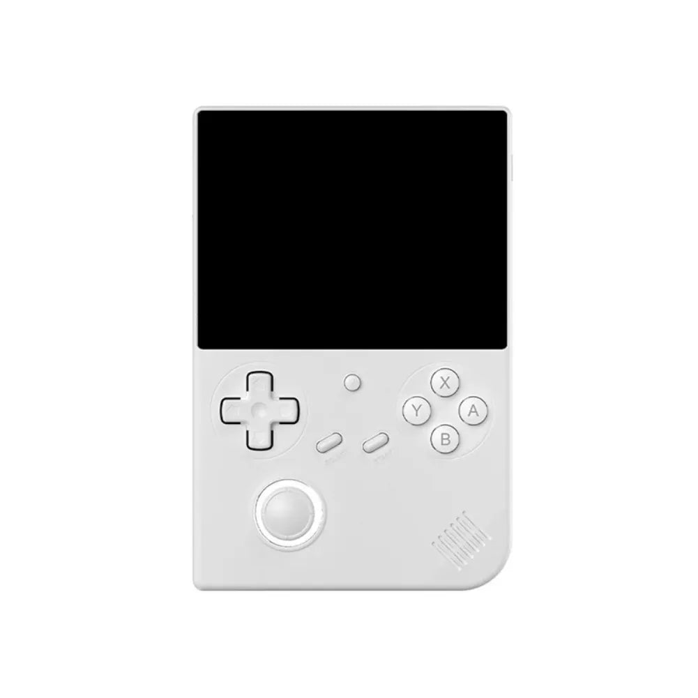 Anbernic RG 40XXV handheld retro gaming console in white, featuring buttons and a blank screen.