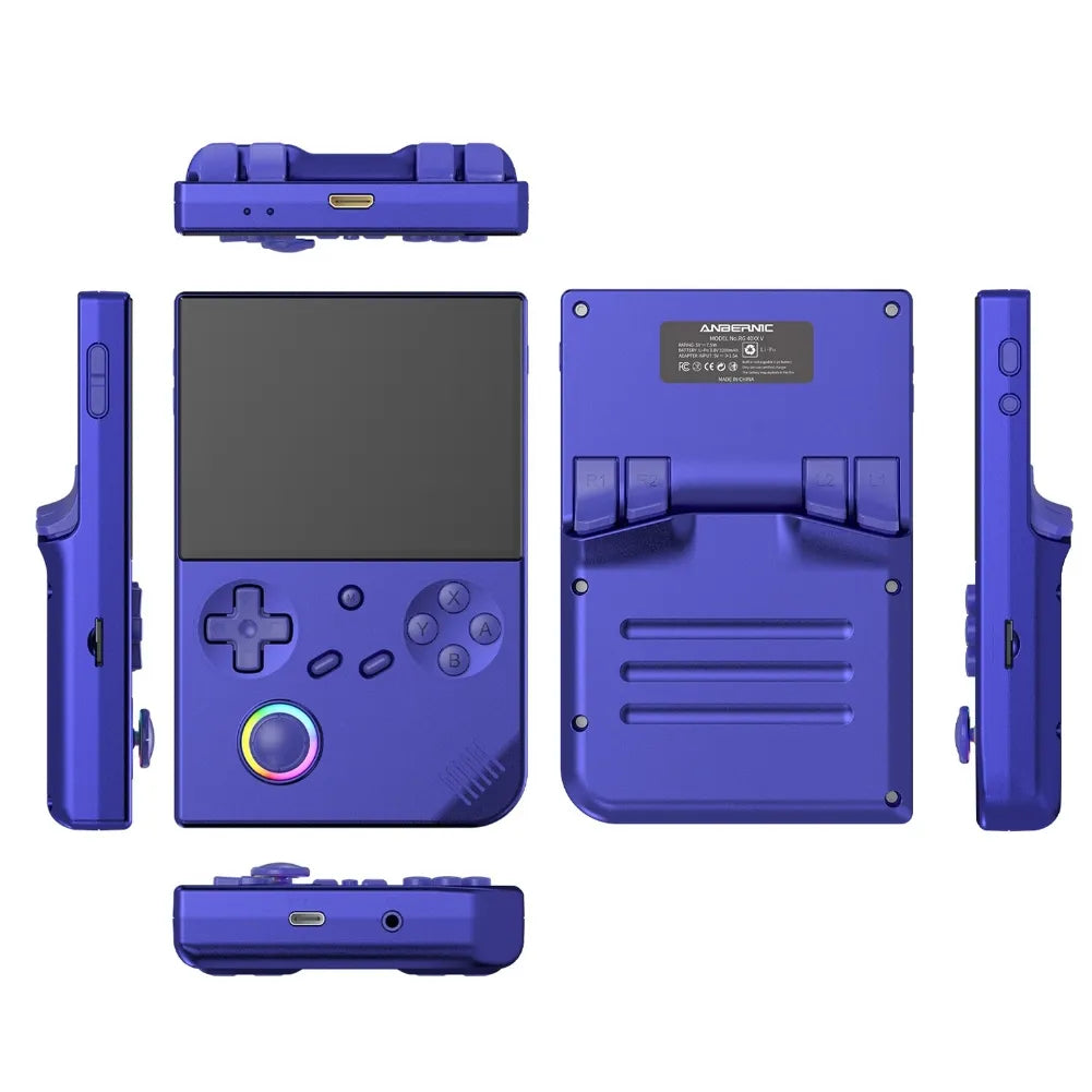 Anbernic RG 40XXV portable retro gaming console in purple, showing front, back and sides.