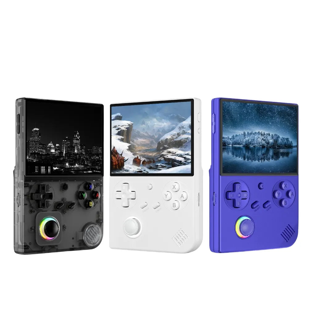 Anbernic RG 40XXV portable retro gaming console in three colors showcasing vibrant screens and controllers.