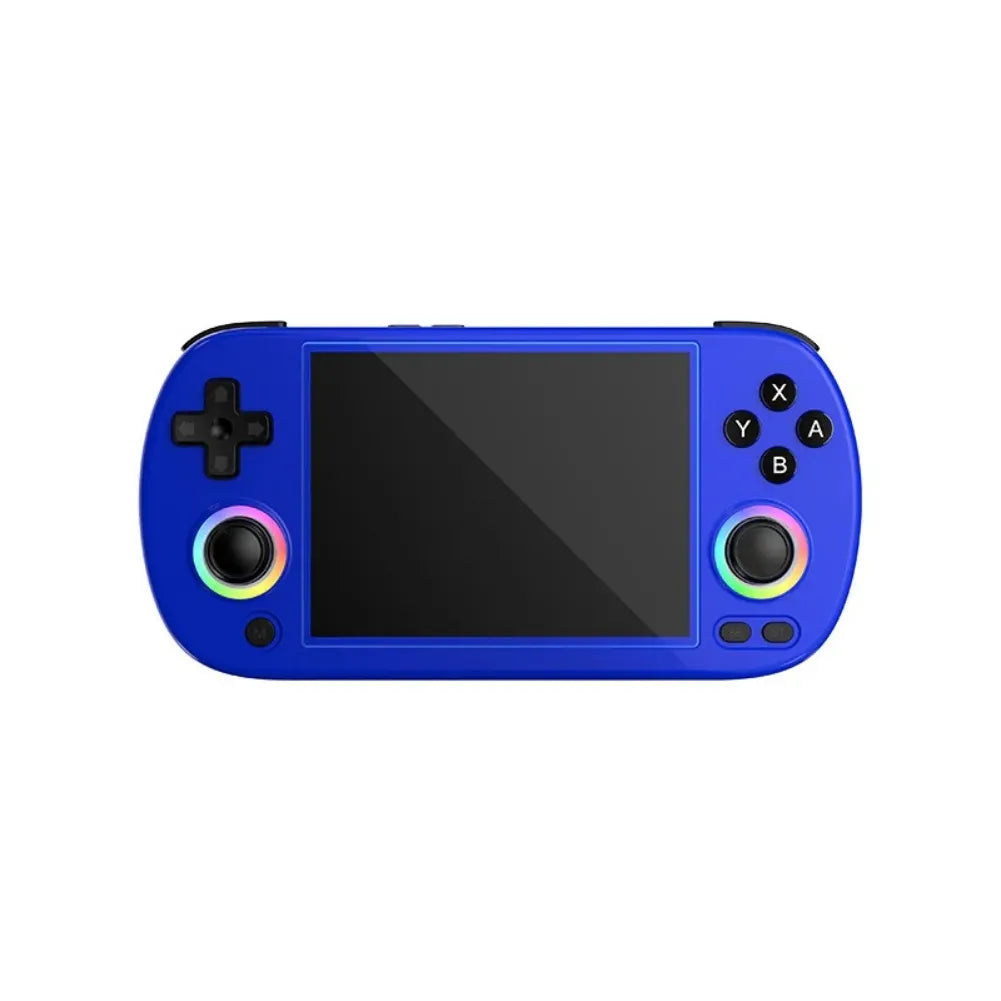 Anbernic RG40XX H portable retro gaming console in blue with IPS display and colorful buttons.