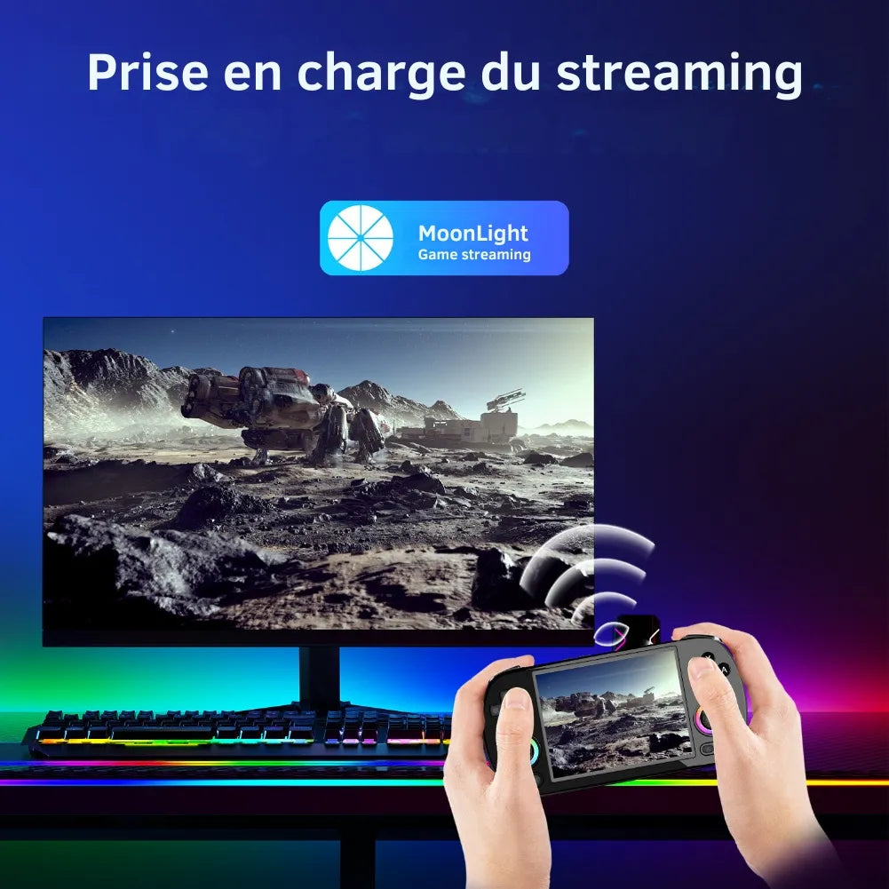 Image showing game streaming support with MoonLight and a handheld device connected to a monitor.