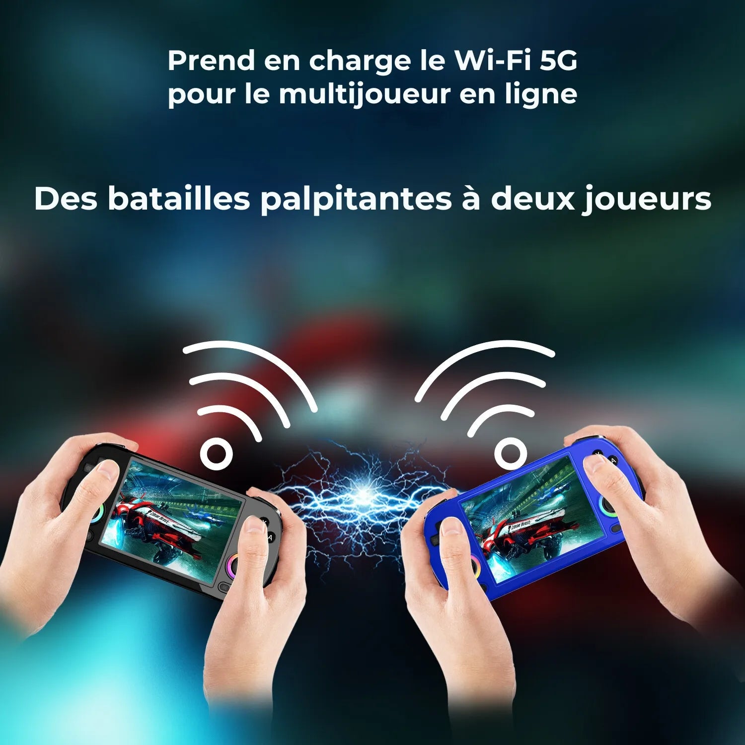 Deux manettes de la Anbernic RG40XX H jouant à un jeu en ligne avec Wi-Fi 5G, pour des sessions multijoueurs intenses.