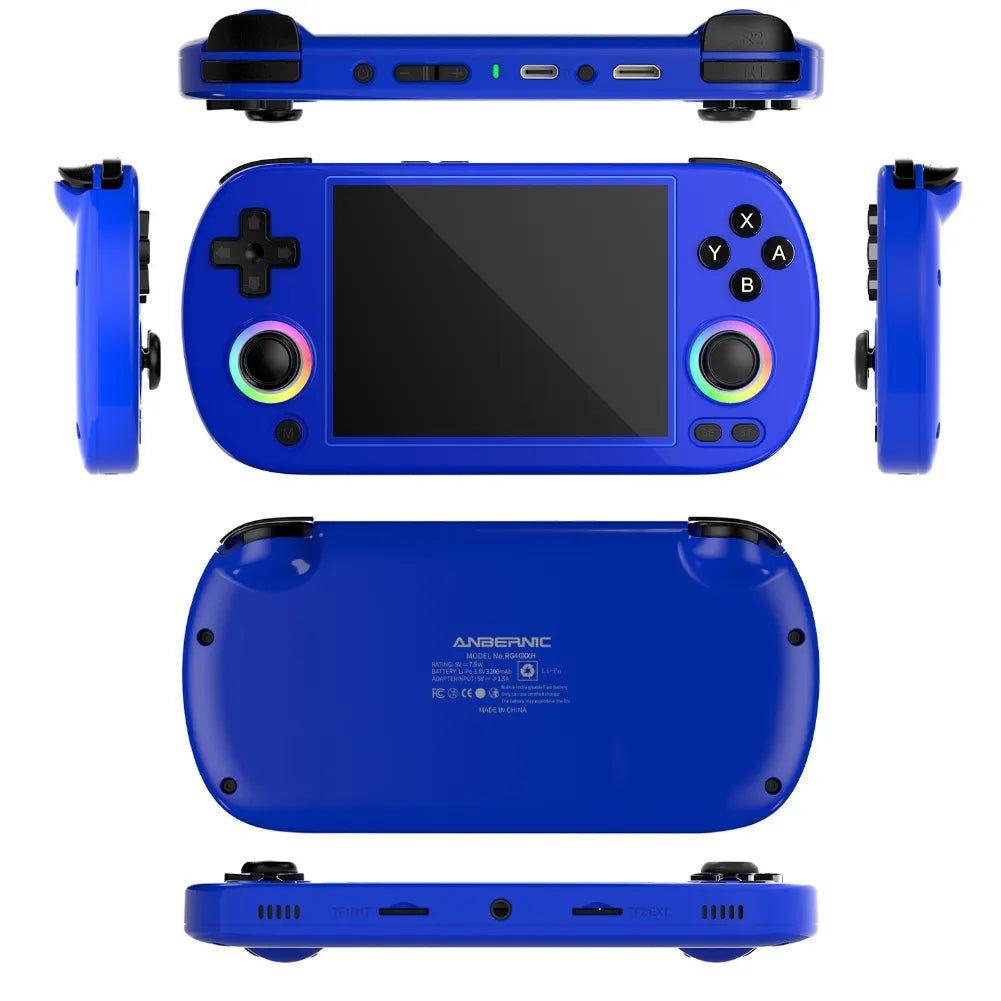 Anbernic RG40XX H portable retro gaming console in blue with IPS screen and controller layout.