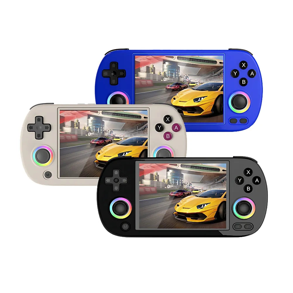 Anbernic RG40XX H portable retro gaming console in blue, black, and white with a vibrant game display.