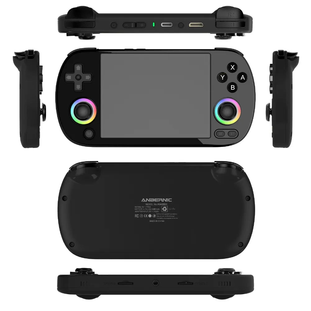 Anbernic RG40XX H console portable gaming device with multiple views showcasing buttons and design.