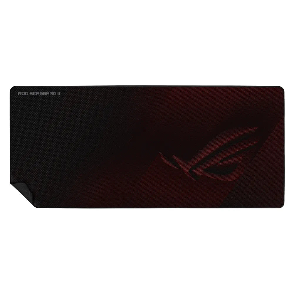 ROG Scabbard II XXL gaming mouse pad in black and red, featuring military-grade surface and anti-slip base.