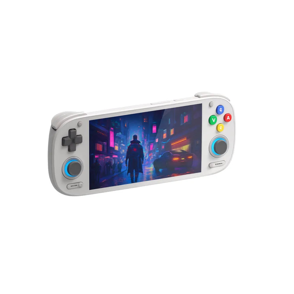 Retroid Pocket 5 en blanc, console portable avec écran AMOLED et stylisé pour le jeu rétro et moderne.