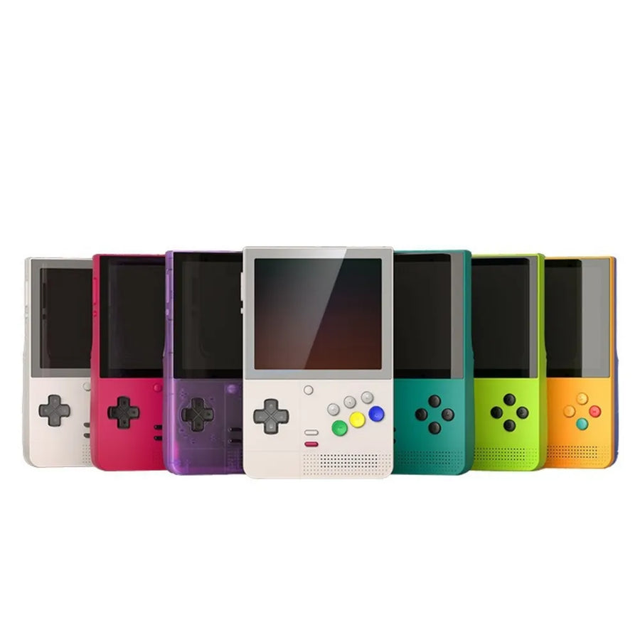 Retroid Pocket Classic - Console Android en différentes couleurs alignées sur un fond blanc.