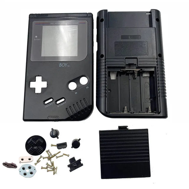Coque complète Game Boy DMG noire, façade, dos, cache-piles, boutons et pads présentés à plat