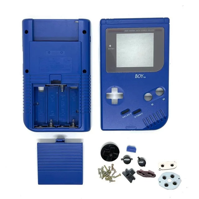 Coque complète Game Boy DMG bleue, façade, dos, cache-piles, boutons et pads présentés à plat