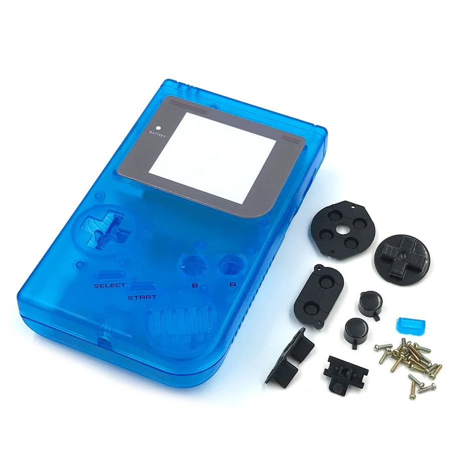 Coque complète Game Boy DMG bleu ciel transparent avec ses boutons, vis et pads caoutchouc