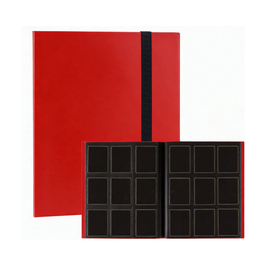 9-pocket card binder, red cover with elastic strap, open on a double page of pockets