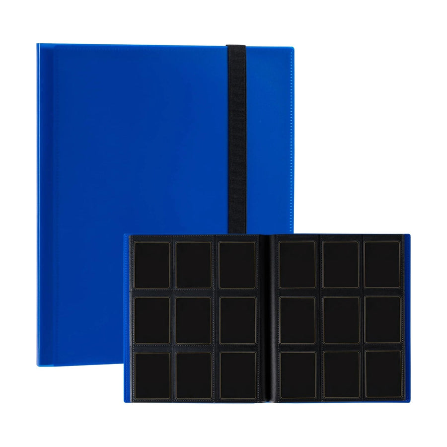 9-pocket card binder, blue cover with elastic strap, open on a double page of pockets