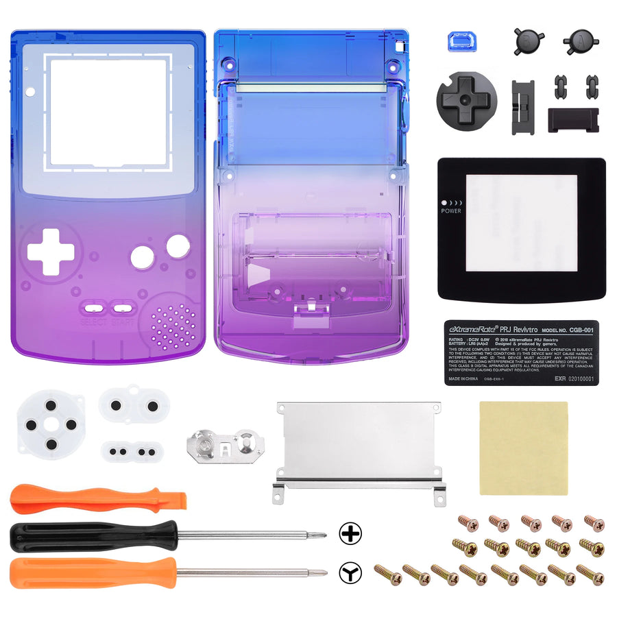 Coque de remplacement complète eXtremeRate pour Game Boy Color, prédécoupée pour écran IPS — Bleu jacinthe translucide