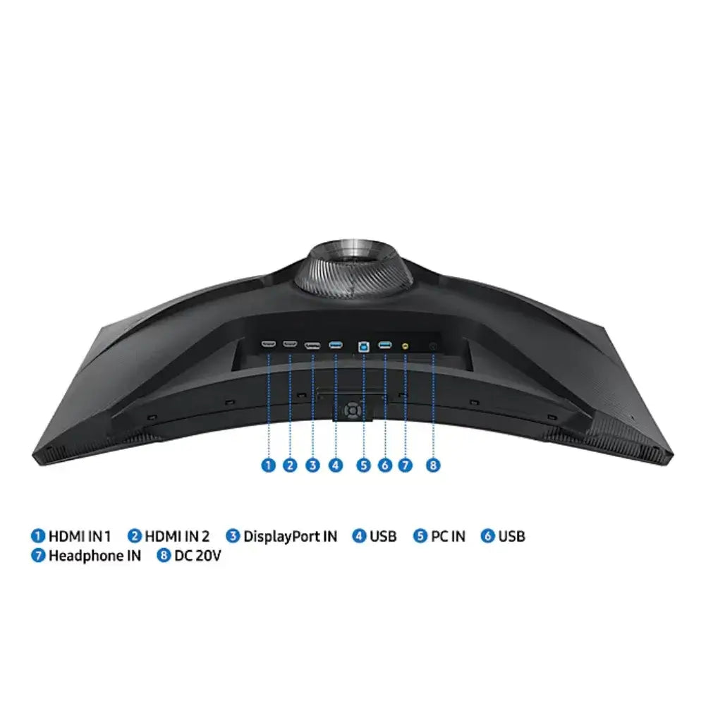 Vue arrière du Samsung Odyssey Neo G7 avec connectiques HDMI et DisplayPort.