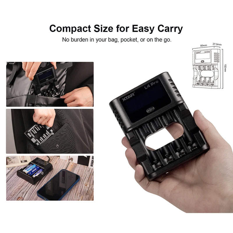Ladegerät XTAR L4 Pro in der Hand, kompakt genug für die Tasche