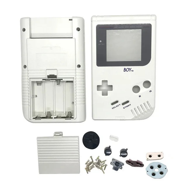 Coque complète Game Boy DMG blanche, façade, dos, cache-piles, boutons et pads présentés à plat