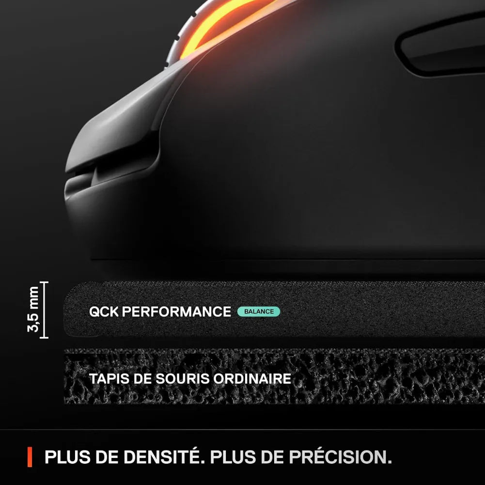 SteelSeries QcK Performance Balance mouse pad showcasing 3.5mm thickness and smooth surface for rapid gliding.