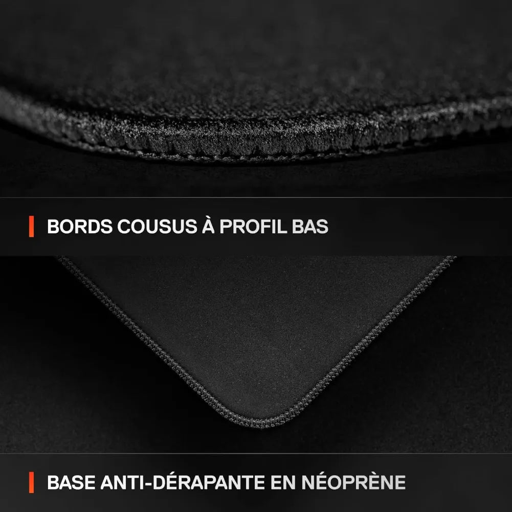 Close-up of SteelSeries QcK Performance Balance mousepad showing stitched edges and anti-slip neoprene base.