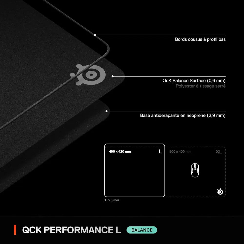 SteelSeries QcK Performance L gaming mouse pad with low-profile stitched edges and anti-slip neoprene base, 490x420 mm.