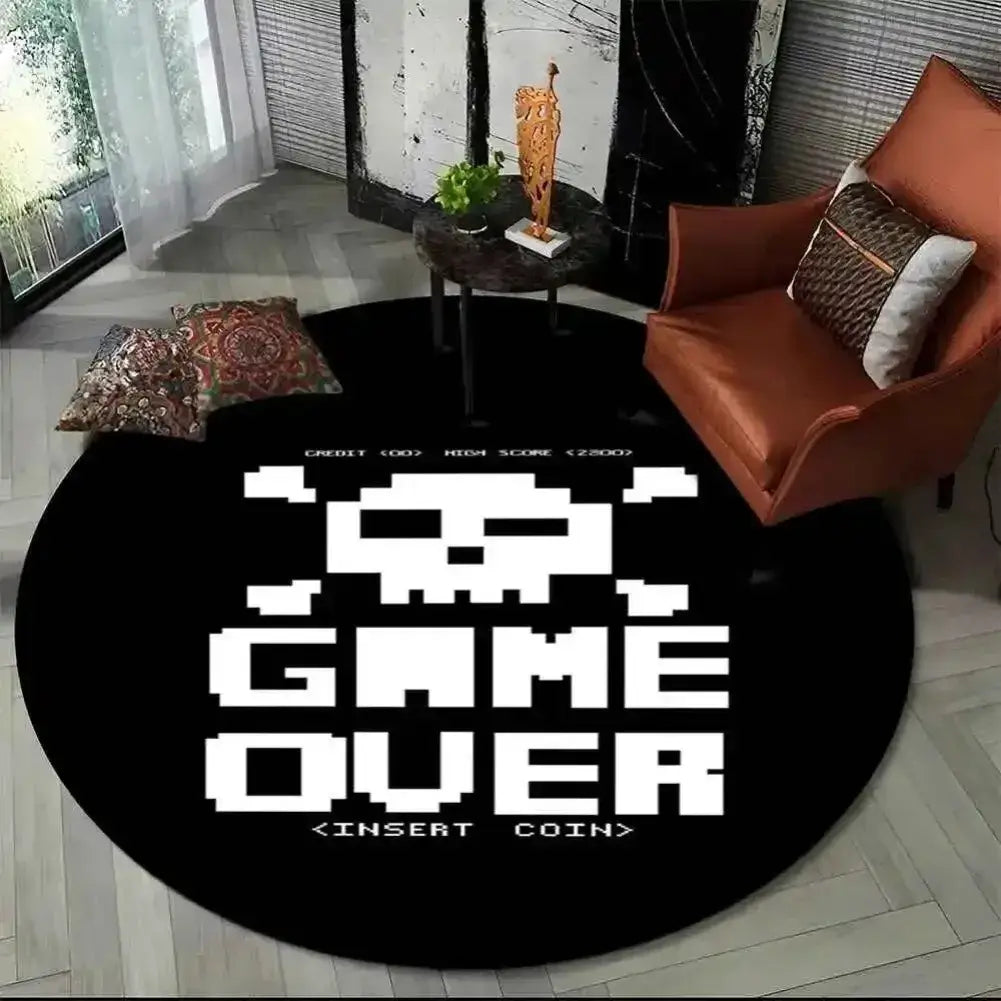 Zoom sur les motifs geek du tapis de sol gamer

