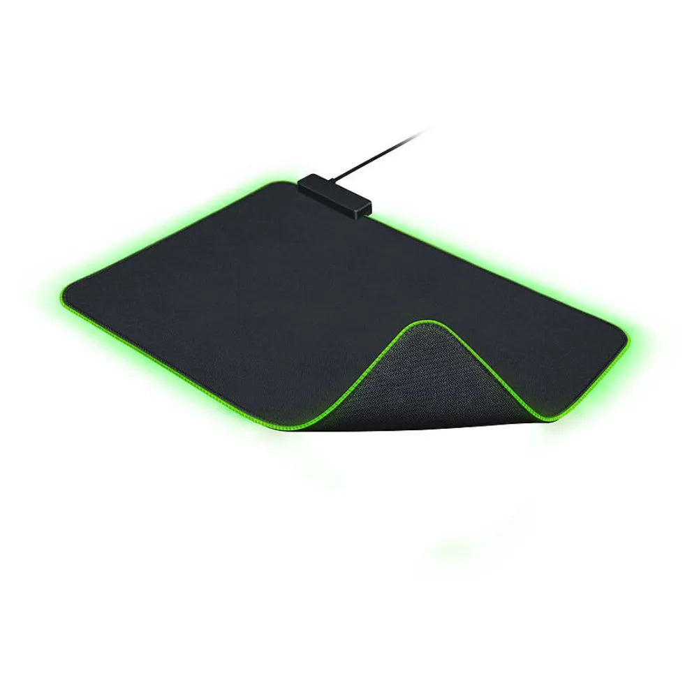 Razer Goliathus Chroma M RGB gaming mouse pad with a sleek design and vibrant green lighting.