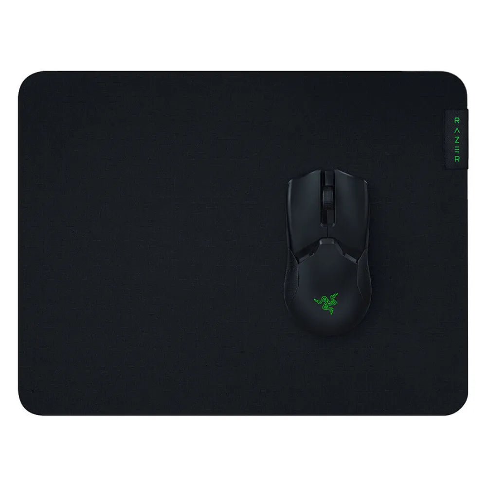 Razer Gigantus V2 Medium gaming mouse pad with Razer mouse, featuring microtextured surface and anti-slip base.