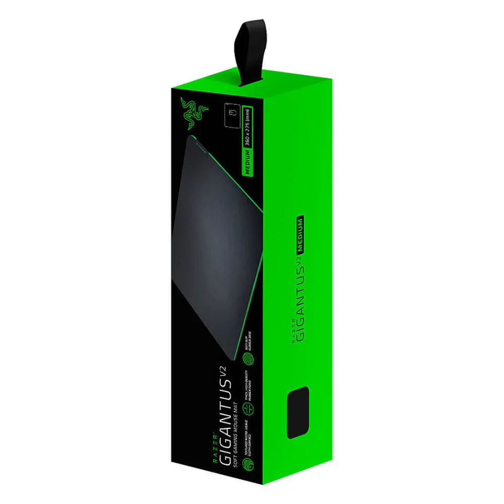 Razer Gigantus V2 Large gaming mouse pad packaging showcasing its microtextured surface and anti-slip base.