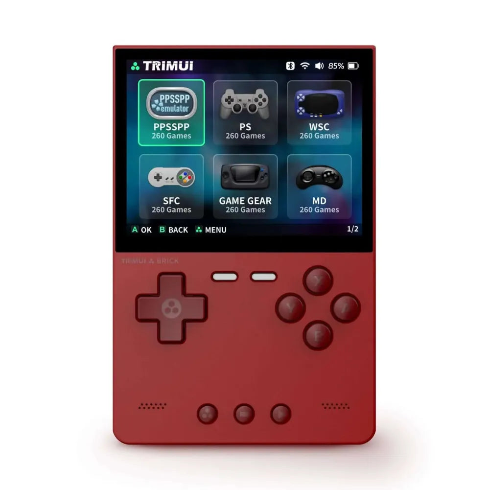 Trimui Brick – Console portable avec écran 3,2'' et émulateurs, design rouge, interface de jeu visible.