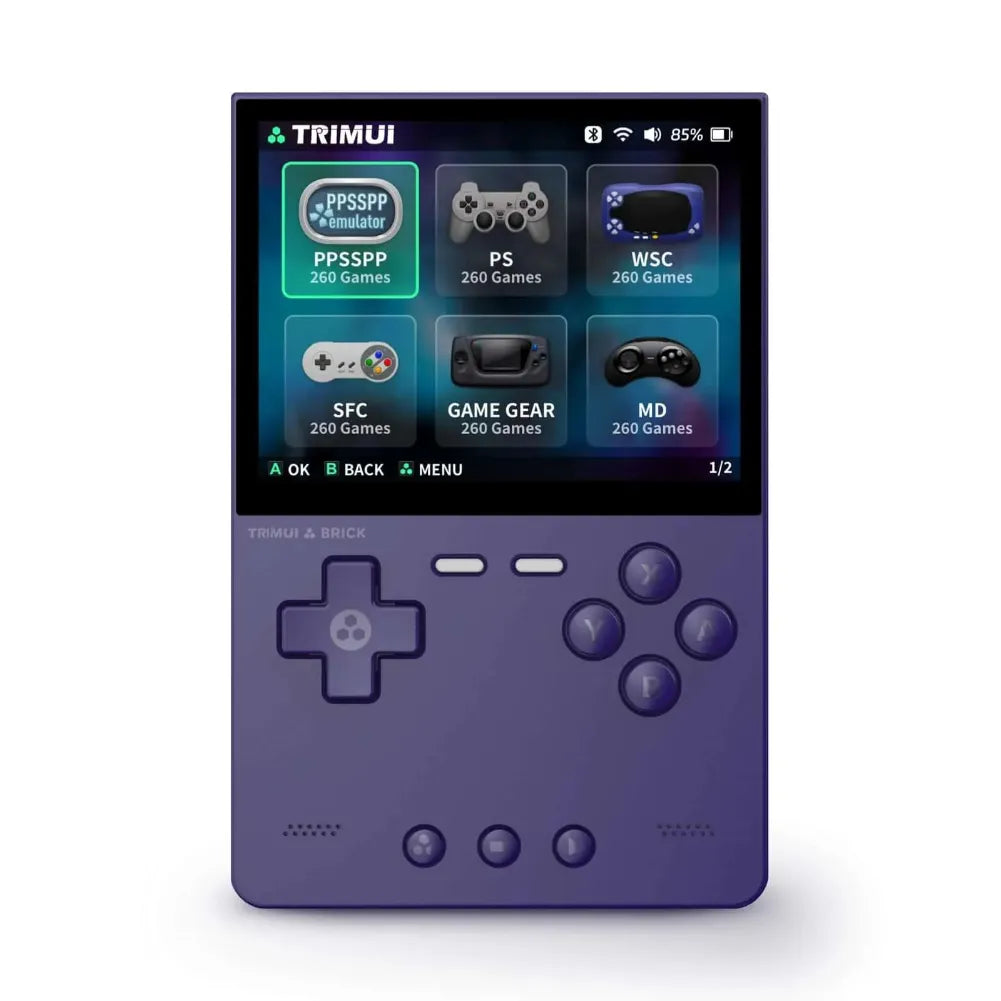 Console portable TRIMUI Brick avec écran IPS affichant des émulateurs de jeux rétro 2D.