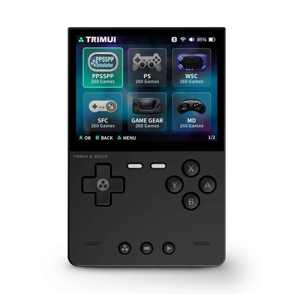 Image de la console TRIMUI Brick affichant des émulators et des jeux sur son écran IPS 3,2 pouces.