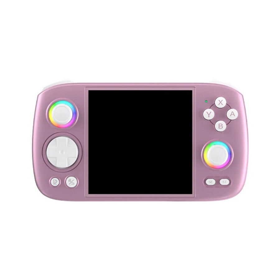 Purple Anbernic RG Cube, square screen and illuminated joysticks