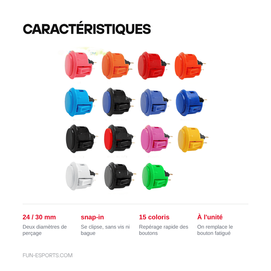 Caractéristiques — Bouton d'arcade snap-in 24 ou 30 mm — borne, stick et Raspberry Pi