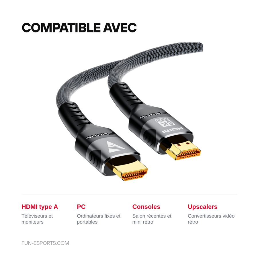 Compatible avec — Câble HDMI 2.1 tressé 48 Gbit/s — 4K 120 Hz, 8K 60 Hz, 1 à 3 m