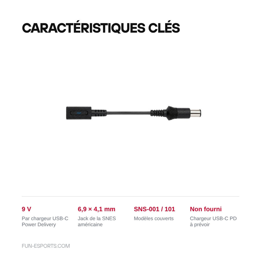 9-V-USB-C-Kabel für das US-SNES im Überblick: 6,9 × 4,1-mm-Stecker, Modelle SNS-001 und SNS-101, USB-C-PD-Netzteil nicht enthalten