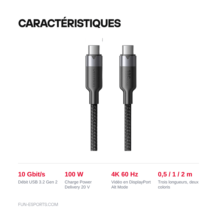 Caractéristiques — Câble USB-C vers USB-C 10 Gbit/s Vention — 100 W, 4K 60 Hz