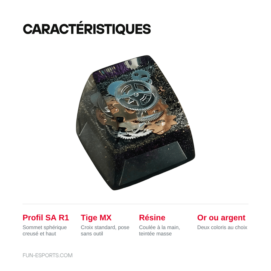 Caractéristiques — Capuchon de touche artisanal en résine — profil SA R1, tige MX