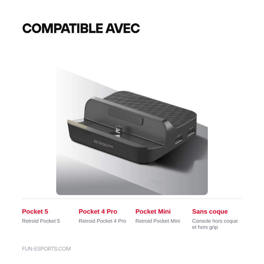 Compatibilité du socle de charge Retroid : Pocket 5, Pocket 4 Pro et Pocket Mini, console hors coque