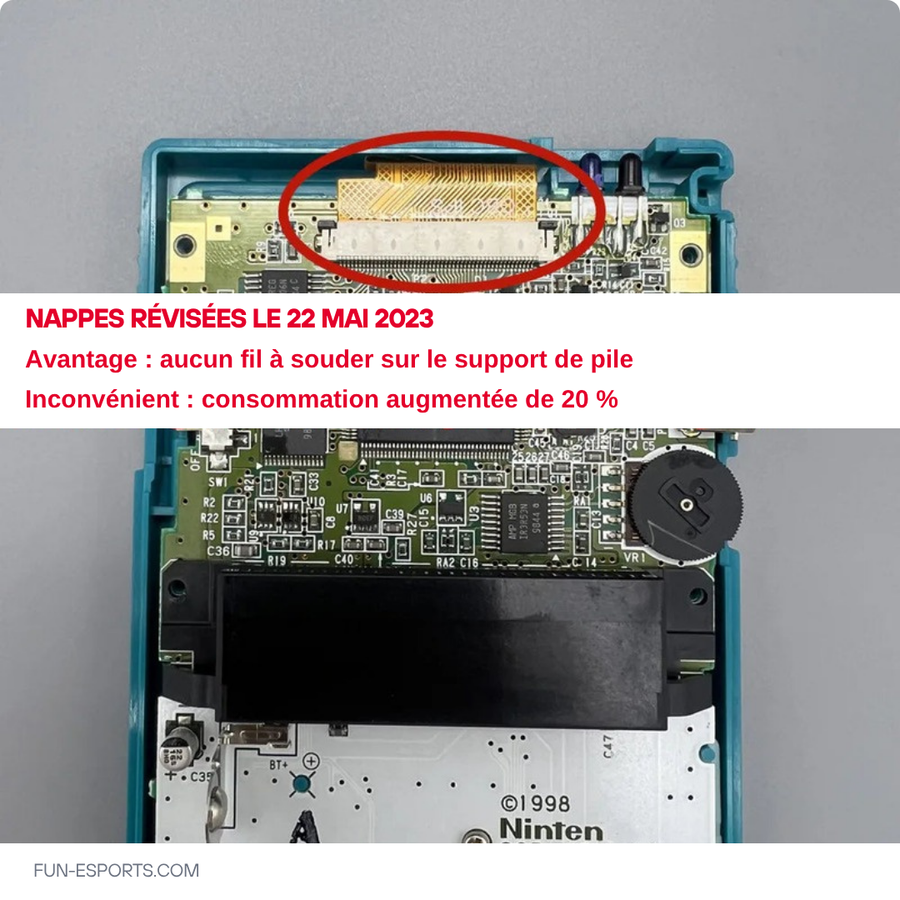 Notice de montage en francais : nappes revisees le 22 mai 2023, aucun fil a souder sur le support de pile, consommation augmentee de 20 pour cent