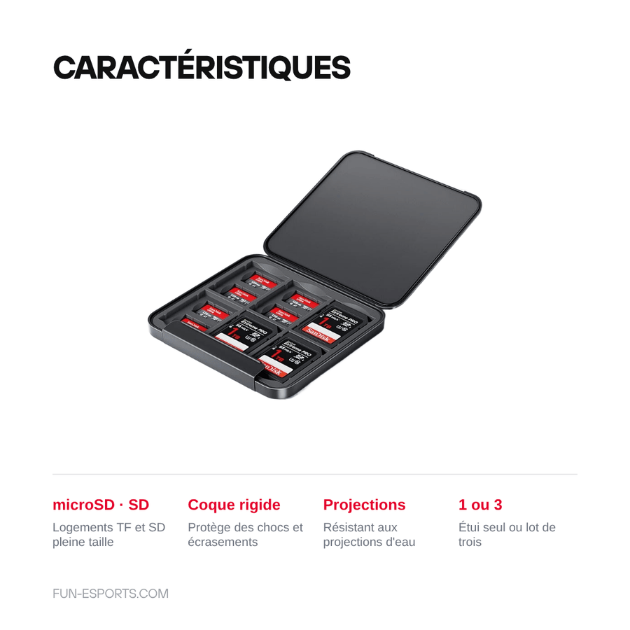 Caractéristiques — Étui de rangement cartes microSD et SD — antichoc, résistant à l'eau