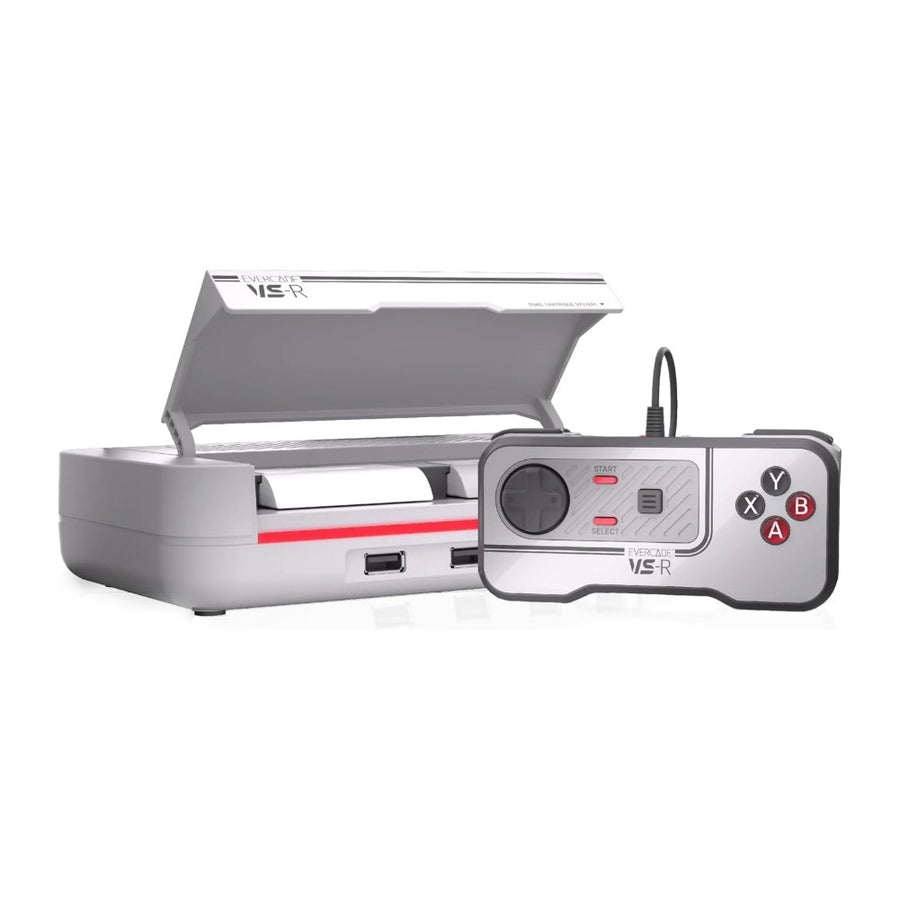 Evercade VS-R, console de salon HDMI à double port cartouche Evercade, coloris gris clair et rouge, trappe ouverte